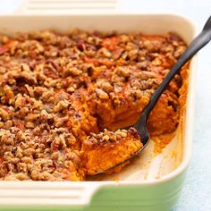 a casserole dish filled with sweet potato casserole