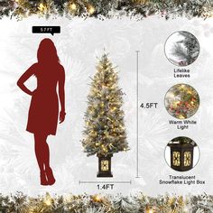 a woman standing next to a christmas tree with its lights on and the measurements for it