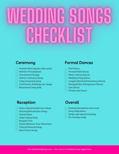 the wedding songs checklist is shown in pink and blue