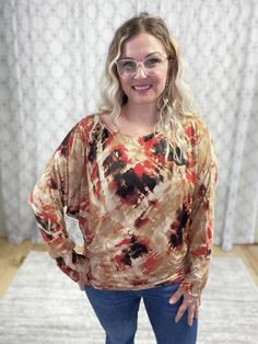 Feel the Fire Top simple boho tied dye long sleeve top in fire earth tone colors Dark Brown With Caramel, Skort Dress, Boutique Trends, Boho Boutique, Earth Tone Colors, Unique Top, White Birch, Work Tops, Judy Blue Jeans