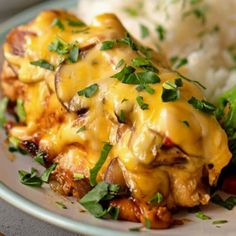 a white plate topped with meat covered in cheese