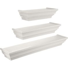 three white shelfs are stacked on top of each other