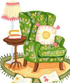 a green chair sitting on top of a rug next to a lamp