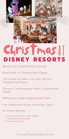 the disneyland resort christmas menu is shown in pink and white, with images of buildings