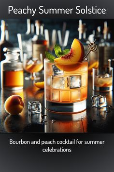 an advertisement for peachy summer solstice, with oranges and ice cubes