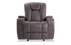 the reclining chair is shown in grey leather and has an arm rest on it