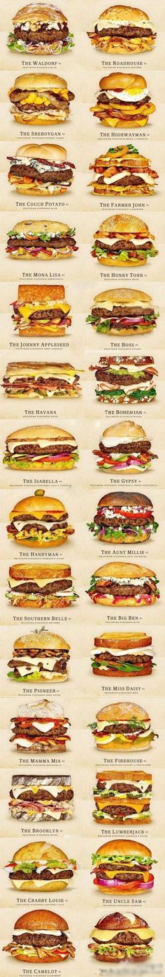 a large poster with different types of sandwiches on it's sides, all in different colors