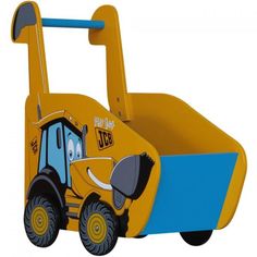 a yellow and blue toy bulldozer sitting on top of a white background