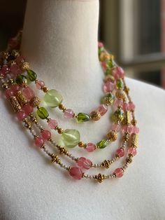 Love the green and pink!! Watermelon and summertime vibes. Beautiful strawberry quartz mixed with vintage Czech glass beads and gold accent pieces. These are two separate necklaces so lots of versatility. Both have gold tone lobster clasp closures. You can wear them long or doubled up. So fun to mix with gold chain as well.  45" 37" Summertime Vibes, Pink Watermelon, Strawberry Quartz, Green And Pink, Gold Accent, Multi Strand Necklace, Czech Glass Beads, Multi Strand, Gold Accents