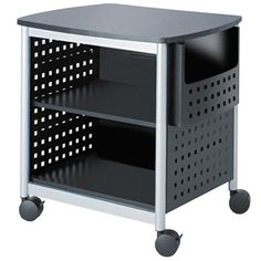 a black and white shelf on wheels with two bins in the bottom one is open