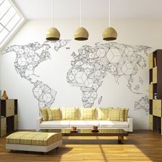 a living room filled with furniture and a large map on the wall