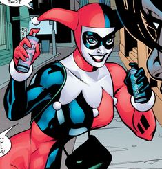 a woman dressed as harley holding a bottle