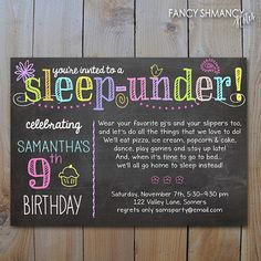 a chalkboard birthday party card with the words sleeppunder written on it and cupcakes