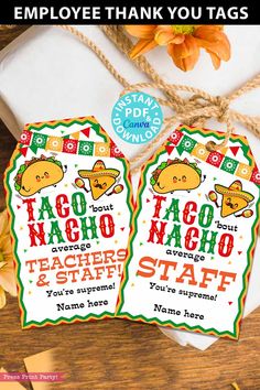 two taco nacho gift tags on top of a table