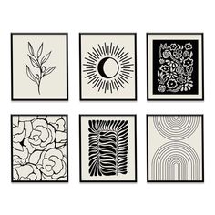 six black and white art prints hanging on the wall in different shapes, sizes and colors