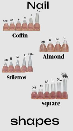 Form Of Nails, Matt Almond Nails Designs, Shapes For Acrylic Nails, Type Of Nails Acrylic, Shape Of Acrylic Nails, Nail Sizes Shape Chart Short, Nail Shapes And Lengths Chart, Nail Length Chart Almond, Nail Sizes And Shapes