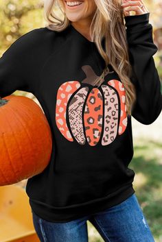 Black Halloween Pumpkin Graphic Pullover Sweatshirt Black Long Sleeve Top For Halloween, Long Sleeve Black Top For Halloween, Spooky Black Long Sleeve Top, Casual Black Halloween Sweater, Black Crew Neck Hoodie For Halloween, Casual Black Sweater For Halloween, Spooky Black T-shirt For Winter, Fall Black Letter Print Sweatshirt, Black Letter Print Sweatshirt For Fall