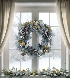 a christmas wreath sitting on top of a window sill next to a snow covered forest