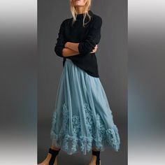 Anthropologie Ruffled Tulle Midi Maxi Skirt Elastic Waist Lined Sky Blue New Without Tags Size: S Retail Price $168 28 Inches Around Waist Relaxed 35 Inches Long Yellow Knit Sweater, Peasant Skirt, Tulle Midi Skirt, Sky Blue Color, Suede Mini Skirt, Anthropologie Skirt, Yellow Knit, Denim Midi Skirt, Printed Skirts