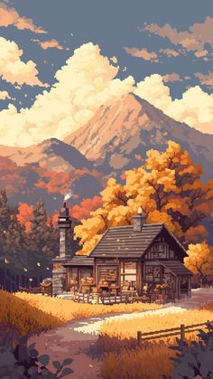 a painting of a cabin in the mountains with autumn trees and foliages around it