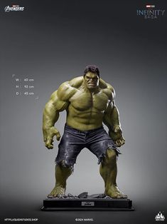 the incredible hulk statue is displayed in front of a gray background with information about it