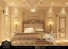 an elegant bedroom is shown in gold and white