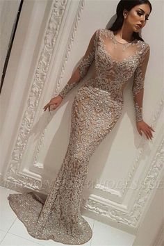 Mushroom Hair, Glitter Mermaid, Beaded Evening Gowns, Prom Inspo, Sparkly Prom Dresses, Long Sleeve Evening Gowns, Cheap Evening Dresses, Evening Dresses With Sleeves, Braut Make-up