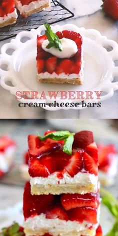 strawberry cream cheese bars are stacked on top of each other and topped with fresh strawberries