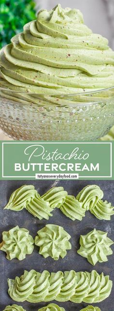 the process to make buttercream is shown with green frosting