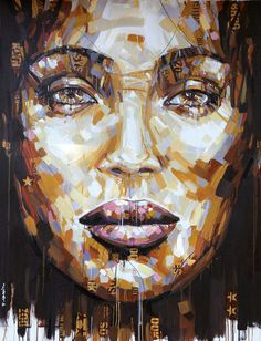 an abstract painting of a woman's face with many different colors and shapes on it