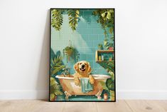 a bathroom scene with a dog in the bathtub