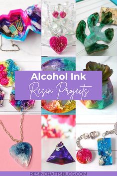 collage of alcohol ink resin projects with text overlay that reads alcohol ink resin projects