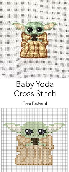 the baby yoda cross stitch pattern is shown in three different colors and sizes, including one