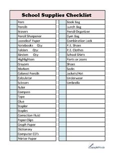 the school supplies checklist is shown in this printable sheet for students to use