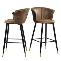 two brown leather bar stools with black legs and gold accents on the back, against a white background