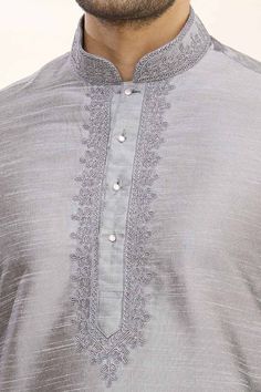 Buy Men's Art Dupion Silk Embroidered Kurta Set in Grey Online - Front Full Sleeve Kurta, Silk Anarkali, Large Dangle Earrings, Silk Clutch, Chinese Collar, Silk Bottoms, Dupion Silk, Gray Silk, Printed Trousers