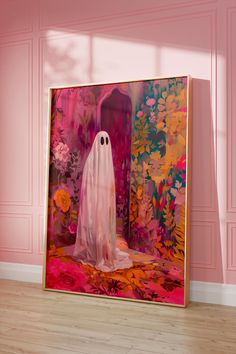 a ghost in front of a pink wall