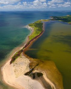 an aerial view of the beach and ocean with green algae growing on it's shoreline