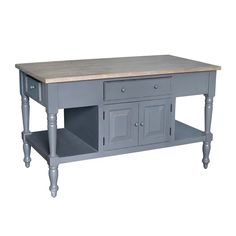 a gray kitchen island with two drawers