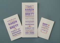 three wedding stationery designed to look like typographs on white paper with purple and orange lettering