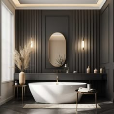 a bathroom with a large white bathtub next to a mirror