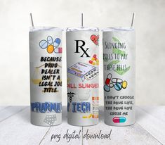 three different types of tumblers with the same design on them, one for each