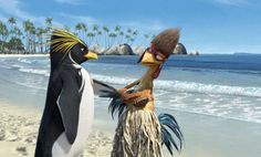 two animated birds standing on the beach next to each other