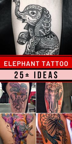 an elephant tattoo is shown with different designs