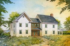 this is an artist's rendering of a house in the country with trees and flowers