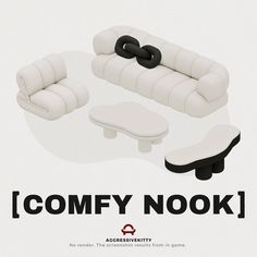 an ad for comfy nook furniture with black and white details on the back