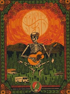 a skeleton playing guitar in front of an orange sky with the words grateful on it