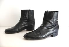 Vintage black leather beatle chelsea boots Mens size 11 D Please consult measurements for best fit Interior sole length - 11.5 inches Width - 4 1/8 inches Heel - 1 1/8 inch Leather.  Good condition, shows some wear, but very minor!   Good vintage condition!    SF1 Beatle Boots, Mens Motorcycle Boots, Black Boots Men, Chelsea Boots Mens, Boots Zipper, Square Toe Boots, Boots Mens, Chelsea Ankle Boots, Vintage Boots