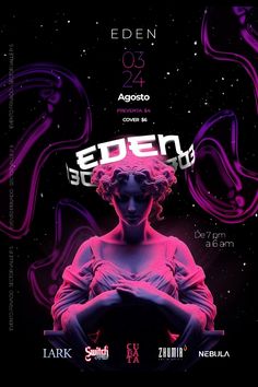 the poster for edden's new show is shown in pink and purple colors