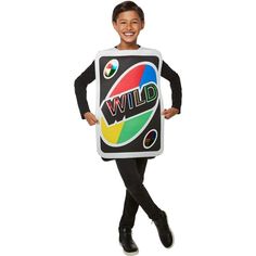 Uno is one of the card games that practically the entire world knows about, and this year your child will be able to show off a wild side in the Kids' Mattel Games Uno Wild Card Costume! Sure, showing up to a costume party as a card from a card game isn’t the usual tactic, but that’s what makes it special. The unexpected is always a delight! The costume comes with a quick and easy tabard, which makes wearing it fun and comfortable. It also fits with almost any other outfit underneath it, so chil Uno Wild Card, Card Costume, Der Joker, Uno Cards, Game Costumes, Family Costumes, Wild Card, All Black Outfit, Cool Costumes